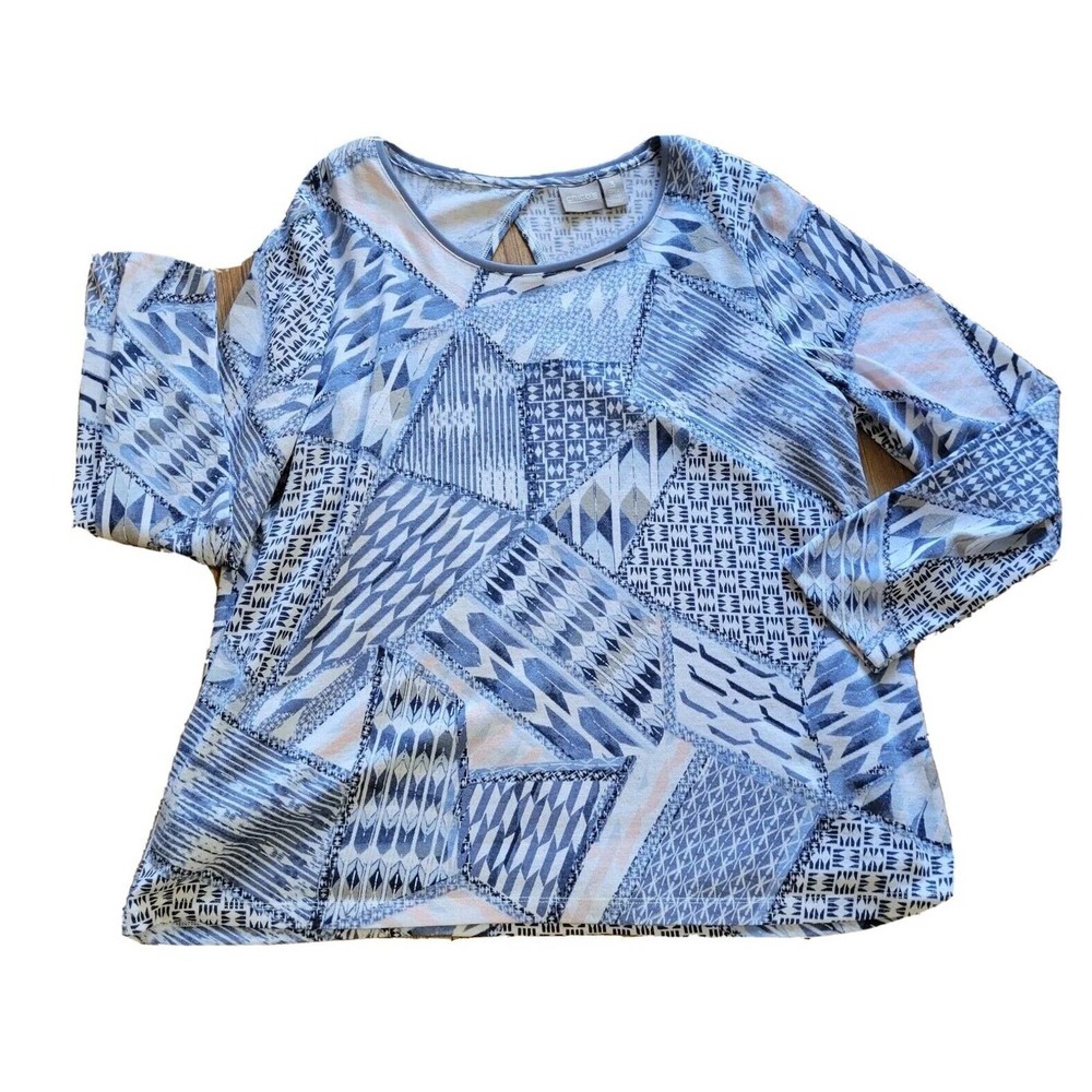 Chicos Top 3 Womens XL Blue Patchwork Print Open Back Sheer Casual Long Sleeve